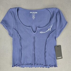 True Religion Shirt Womens M/L Blue V Notch Seamless Cropped Lettuce Hem Top